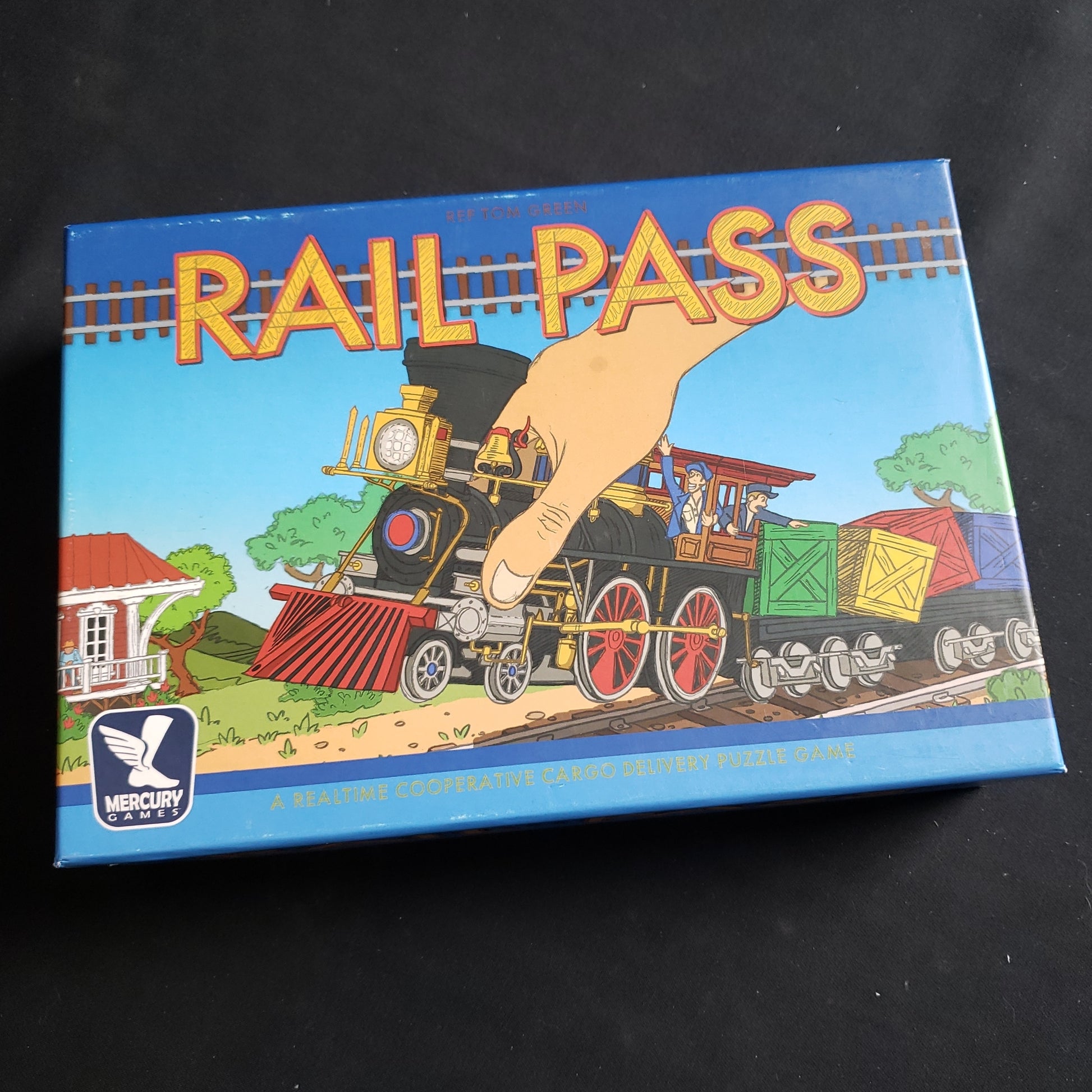 Image shows the front cover of the box of the Rail Pass board game