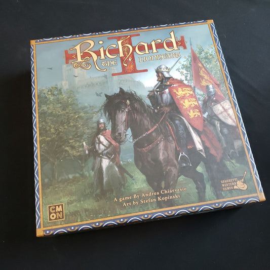 Image shows the front cover of the box of the Richard the Lionheart board game