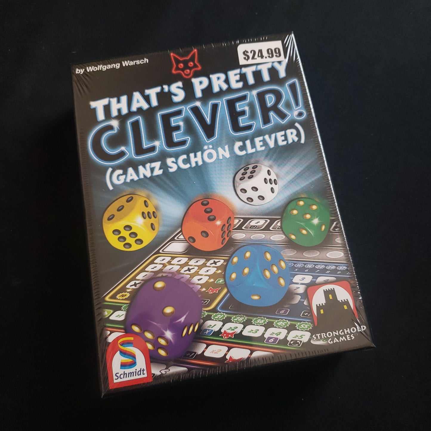 Image shows the front cover of the box of the That's Pretty Clever dice game
