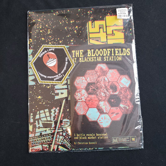 Image shows the front cover of the Bloodfields of Blackstar Station book, poster and iron-on patch for the Mothership roleplaying game