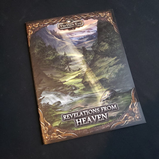 Image shows the front cover of the Revelations From Heaven book for the Dark Eye roleplaying game