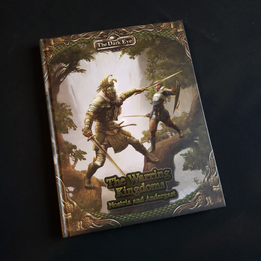 Image shows the front cover of the Warring Kingdoms book for the Dark Eye roleplaying game