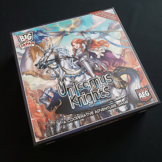 Image shows the front cover of the box of the Unicornus Knights board game