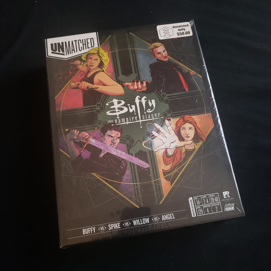 Image shows the front cover of the box of the Unmatched: Buffy the Vampire Slayer board game
