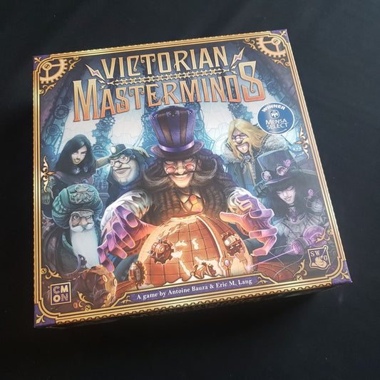 Image shows the front cover of the box of the Victorian Masterminds board game