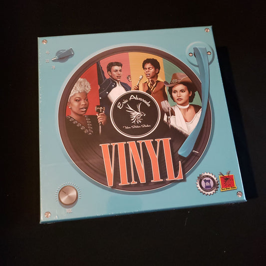Image shows the front cover of the box of the Vinyl board game