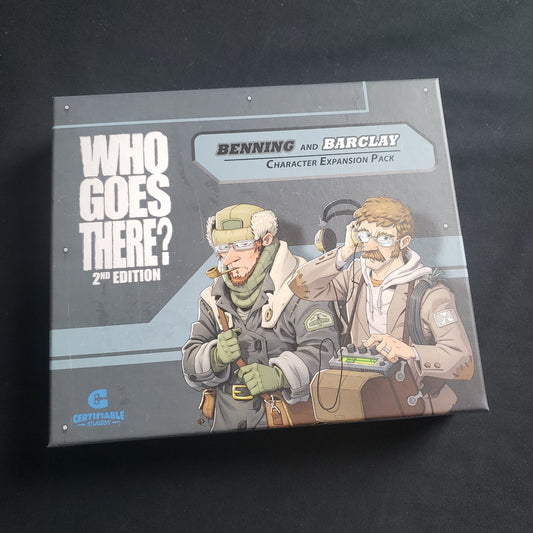 Image shows the front of the box for the Benning and Barclay Character Expansion Pack for the Who Goes There board game