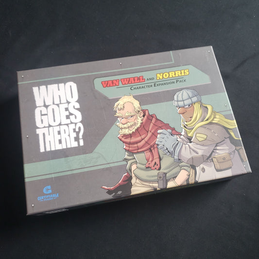 Image shows the front of the box for the Van Wall and Norris Character Expansion Pack for the Who Goes There board game