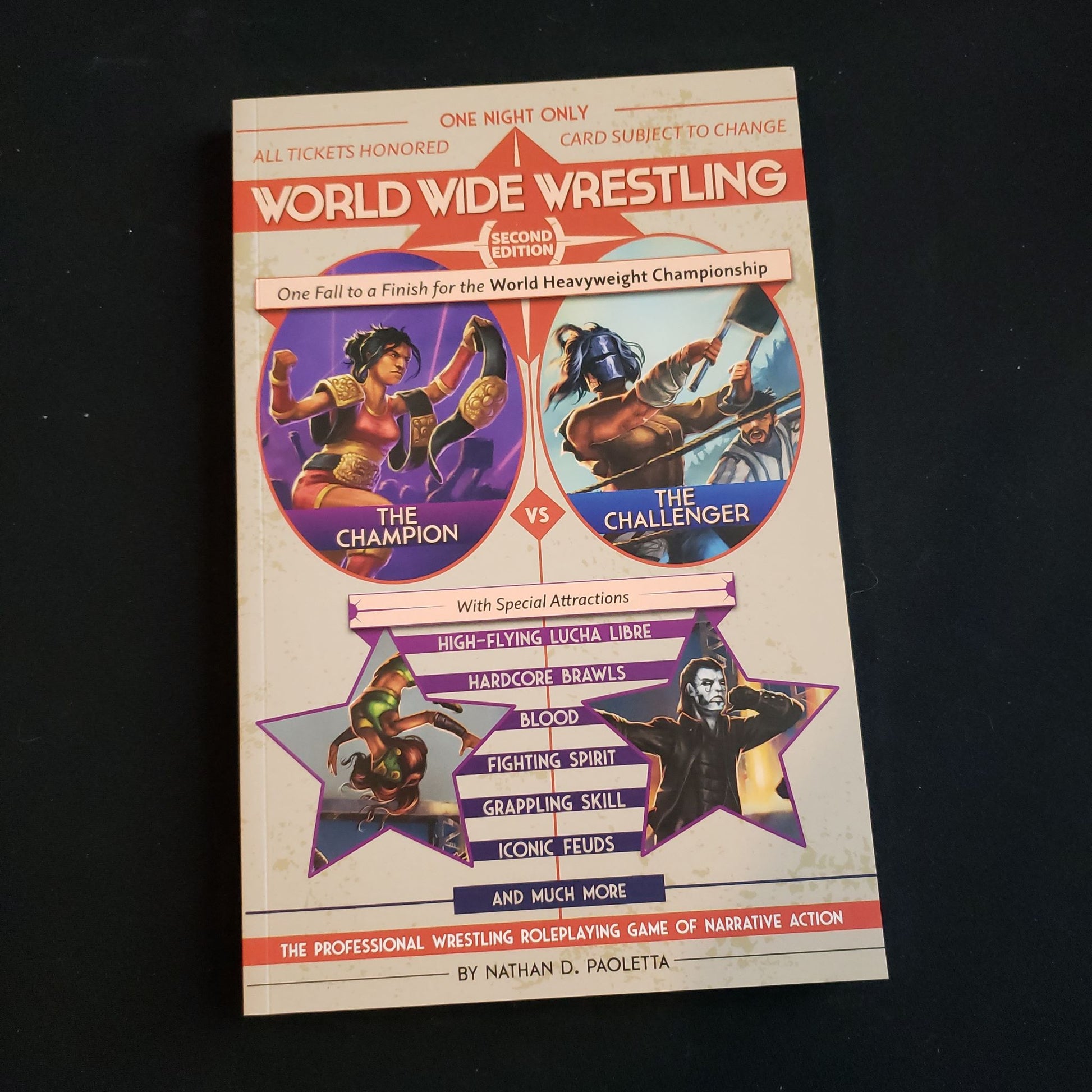 Image shows the front cover of the second edition World Wide Wrestling roleplaying game book